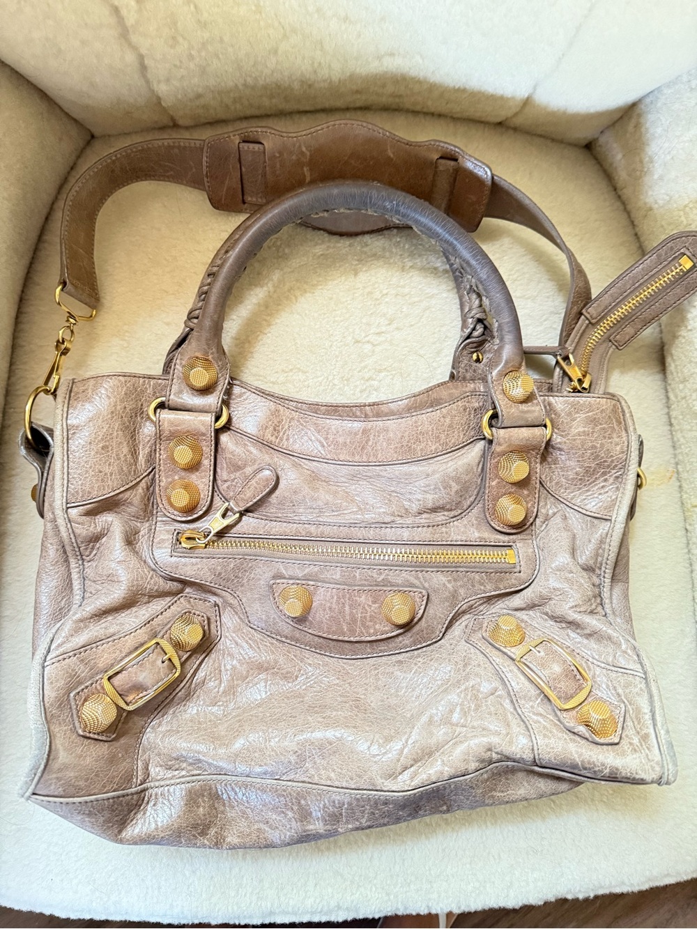 Balenciaga Taupe Leather City Shoulder Bag with Gold Hardware